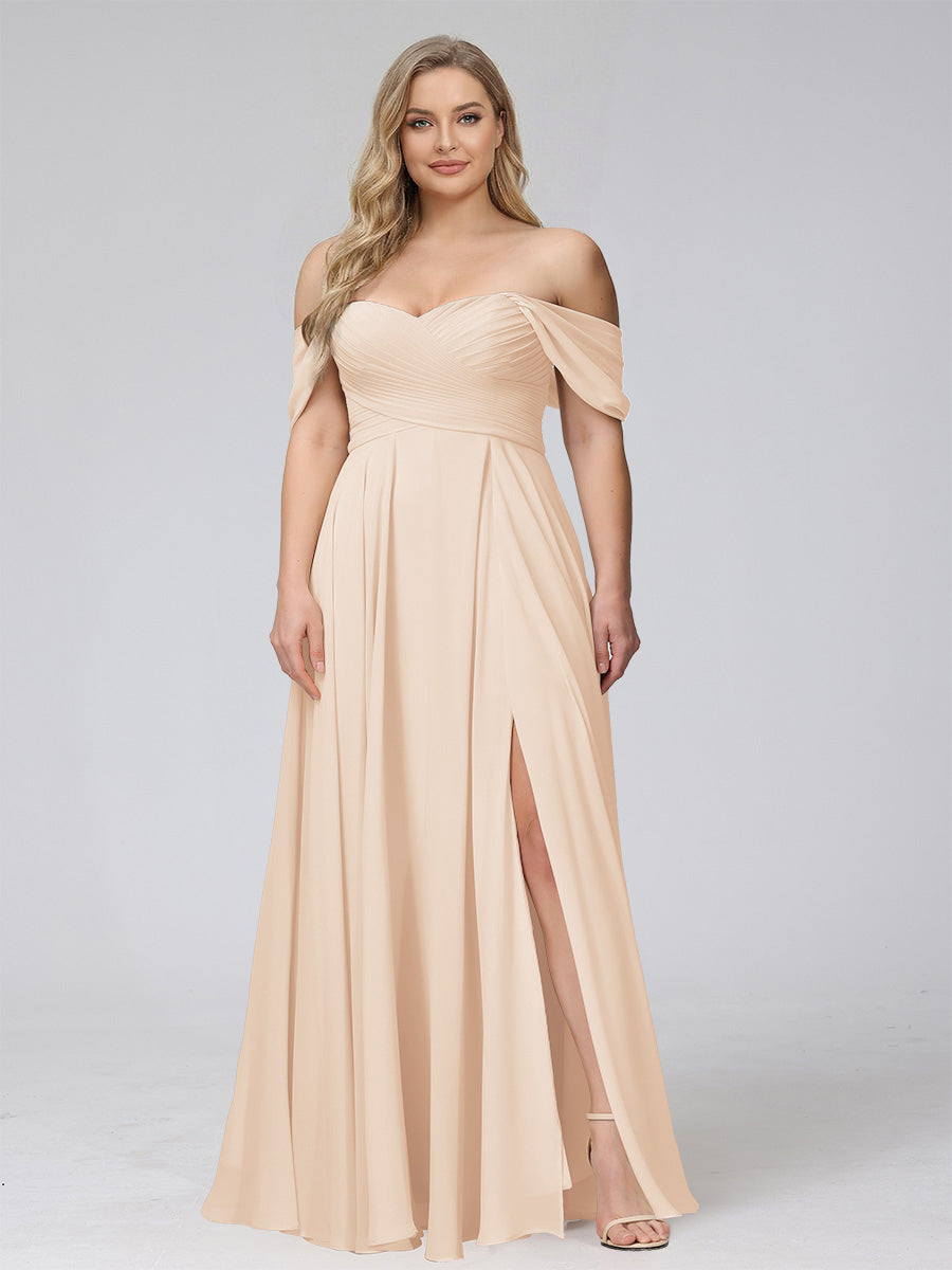 A-Line Off-the-Shoulder Sleeveless Ruched Long Chiffon Plus Size Bridesmaid Dresses with Split Side