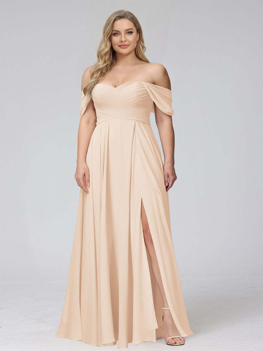 A-Line Off-the-Shoulder Sleeveless Ruched Long Chiffon Plus Size Bridesmaid Dresses with Split Side