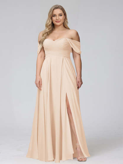 A-Line Off-the-Shoulder Sleeveless Ruched Long Chiffon Plus Size Bridesmaid Dresses with Split Side