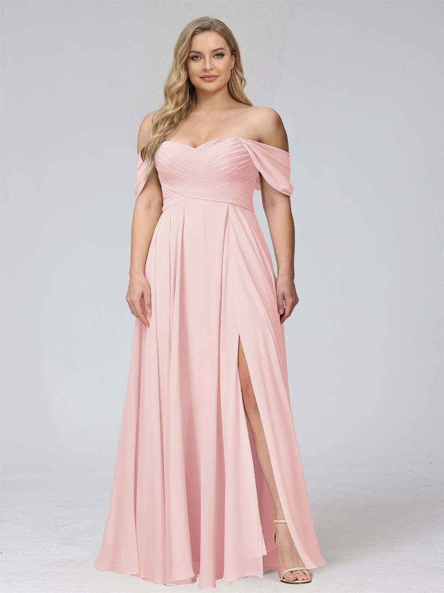 A-Line Off-the-Shoulder Sleeveless Ruched Long Chiffon Plus Size Bridesmaid Dresses with Split Side