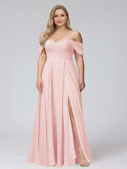 A-Line Off-the-Shoulder Sleeveless Ruched Long Chiffon Plus Size Bridesmaid Dresses with Split Side