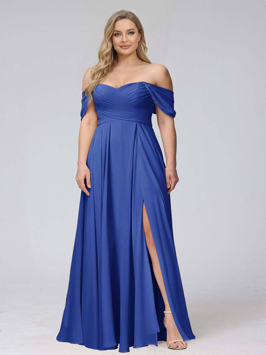 A-Line Off-the-Shoulder Sleeveless Ruched Long Chiffon Plus Size Bridesmaid Dresses with Split Side