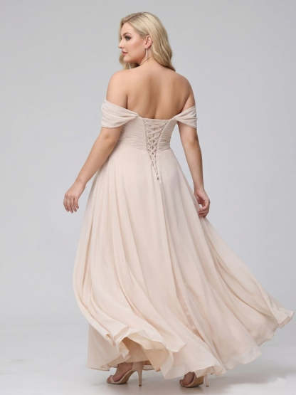 A-Line Off-the-Shoulder Sleeveless Ruched Long Chiffon Plus Size Bridesmaid Dresses with Split Side