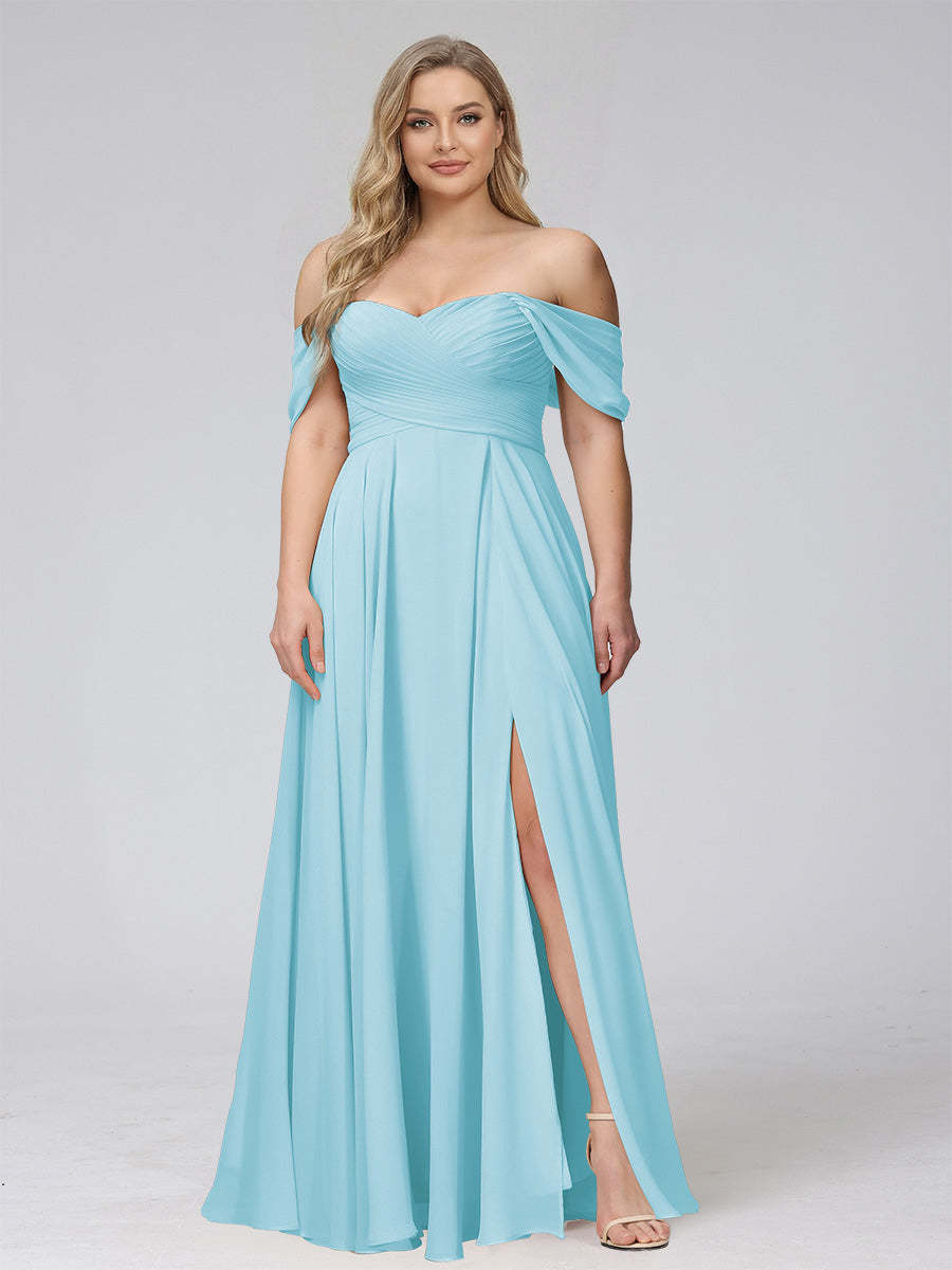 A-Line Off-the-Shoulder Sleeveless Ruched Long Chiffon Plus Size Bridesmaid Dresses with Split Side