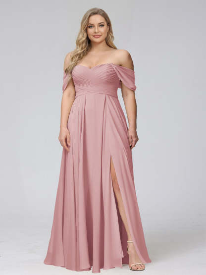 A-Line Off-the-Shoulder Sleeveless Ruched Long Chiffon Plus Size Bridesmaid Dresses with Split Side