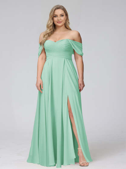 A-Line Off-the-Shoulder Sleeveless Ruched Long Chiffon Plus Size Bridesmaid Dresses with Split Side