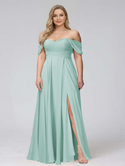 A-Line Off-the-Shoulder Sleeveless Ruched Long Chiffon Plus Size Bridesmaid Dresses with Split Side