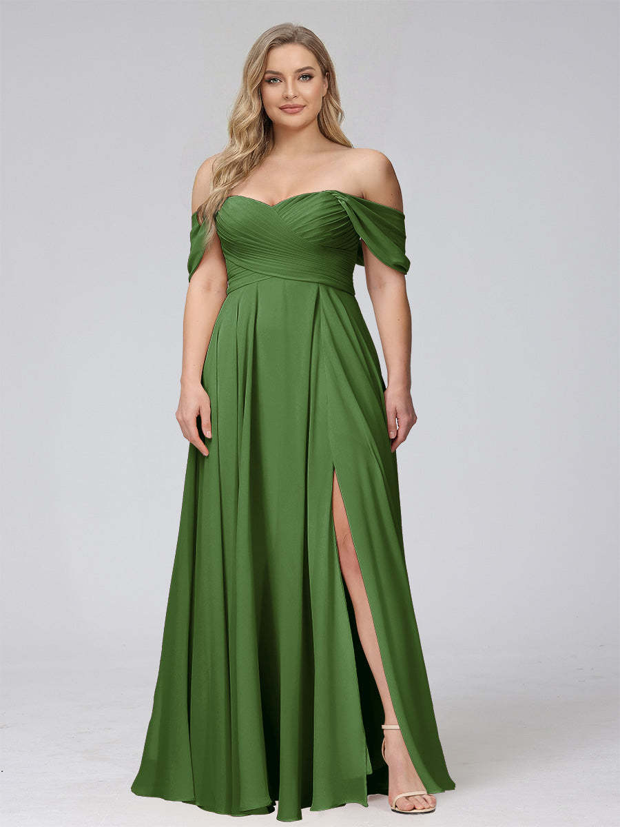 A-Line Off-the-Shoulder Sleeveless Ruched Long Chiffon Plus Size Bridesmaid Dresses with Split Side