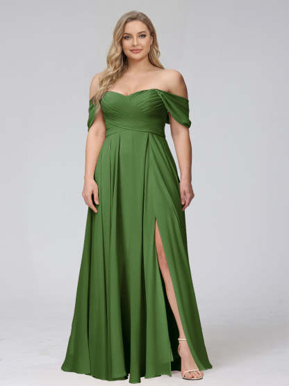 A-Line Off-the-Shoulder Sleeveless Ruched Long Chiffon Plus Size Bridesmaid Dresses with Split Side