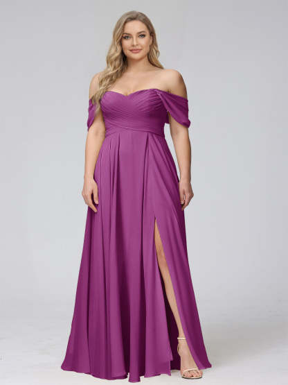 A-Line Off-the-Shoulder Sleeveless Ruched Long Chiffon Plus Size Bridesmaid Dresses with Split Side