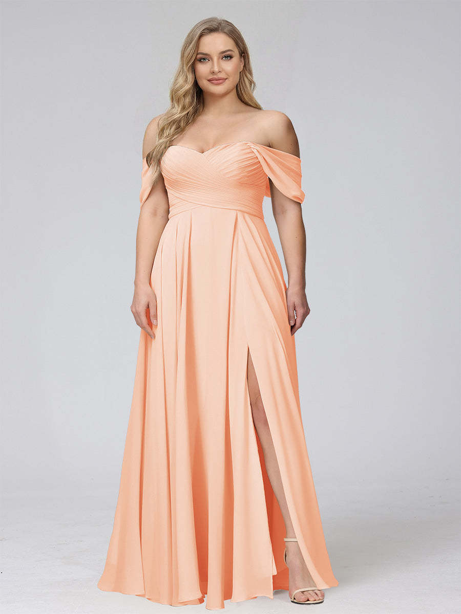 A-Line Off-the-Shoulder Sleeveless Ruched Long Chiffon Plus Size Bridesmaid Dresses with Split Side