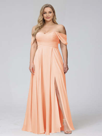 A-Line Off-the-Shoulder Sleeveless Ruched Long Chiffon Plus Size Bridesmaid Dresses with Split Side