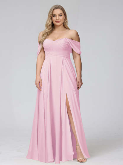 A-Line Off-the-Shoulder Sleeveless Ruched Long Chiffon Plus Size Bridesmaid Dresses with Split Side