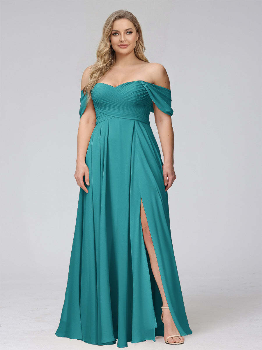 A-Line Off-the-Shoulder Sleeveless Ruched Long Chiffon Plus Size Bridesmaid Dresses with Split Side