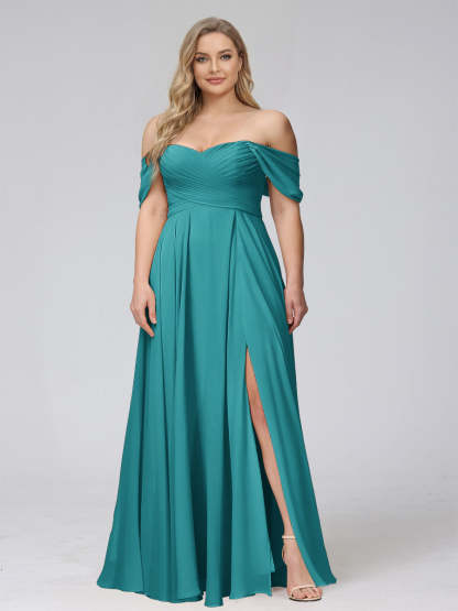 A-Line Off-the-Shoulder Sleeveless Ruched Long Chiffon Plus Size Bridesmaid Dresses with Split Side