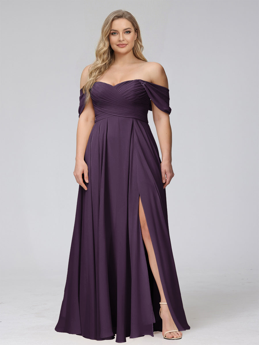 A-Line Off-the-Shoulder Sleeveless Ruched Long Chiffon Plus Size Bridesmaid Dresses with Split Side