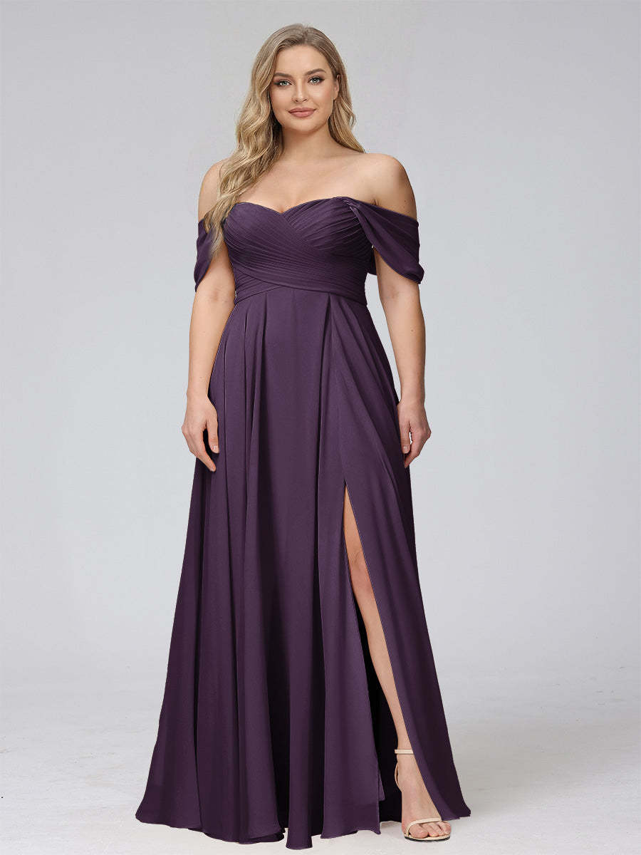 A-Line Off-the-Shoulder Sleeveless Ruched Long Chiffon Plus Size Bridesmaid Dresses with Split Side
