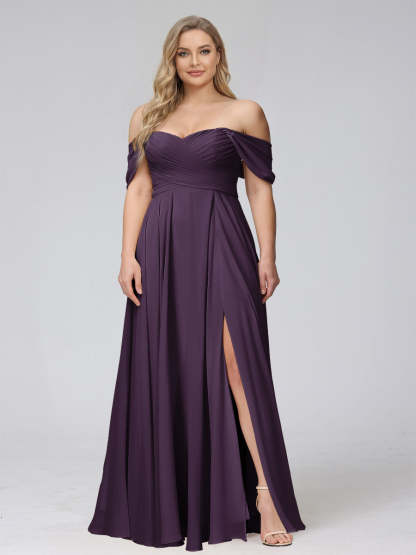 A-Line Off-the-Shoulder Sleeveless Ruched Long Chiffon Plus Size Bridesmaid Dresses with Split Side