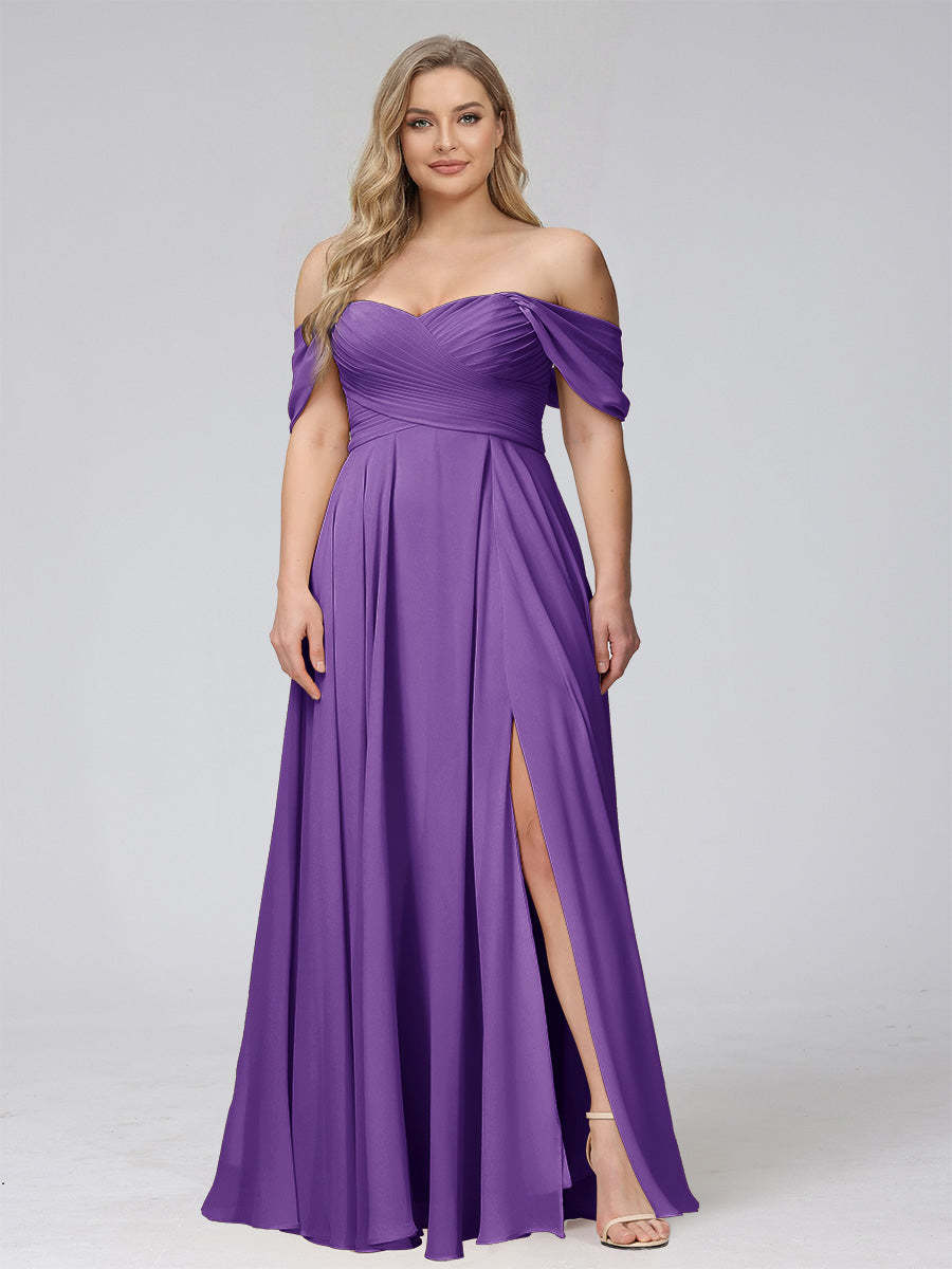 A-Line Off-the-Shoulder Sleeveless Ruched Long Chiffon Plus Size Bridesmaid Dresses with Split Side