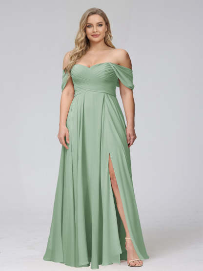 A-Line Off-the-Shoulder Sleeveless Ruched Long Chiffon Plus Size Bridesmaid Dresses with Split Side