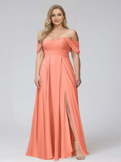 A-Line Off-the-Shoulder Sleeveless Ruched Long Chiffon Plus Size Bridesmaid Dresses with Split Side