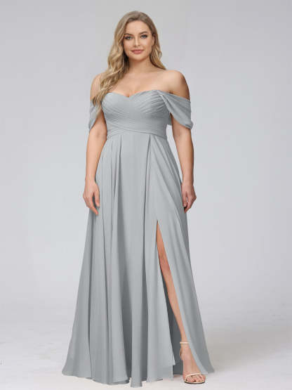 A-Line Off-the-Shoulder Sleeveless Ruched Long Chiffon Plus Size Bridesmaid Dresses with Split Side