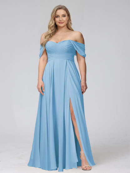 A-Line Off-the-Shoulder Sleeveless Ruched Long Chiffon Plus Size Bridesmaid Dresses with Split Side