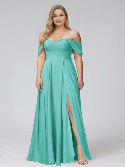 A-Line Off-the-Shoulder Sleeveless Ruched Long Chiffon Plus Size Bridesmaid Dresses with Split Side