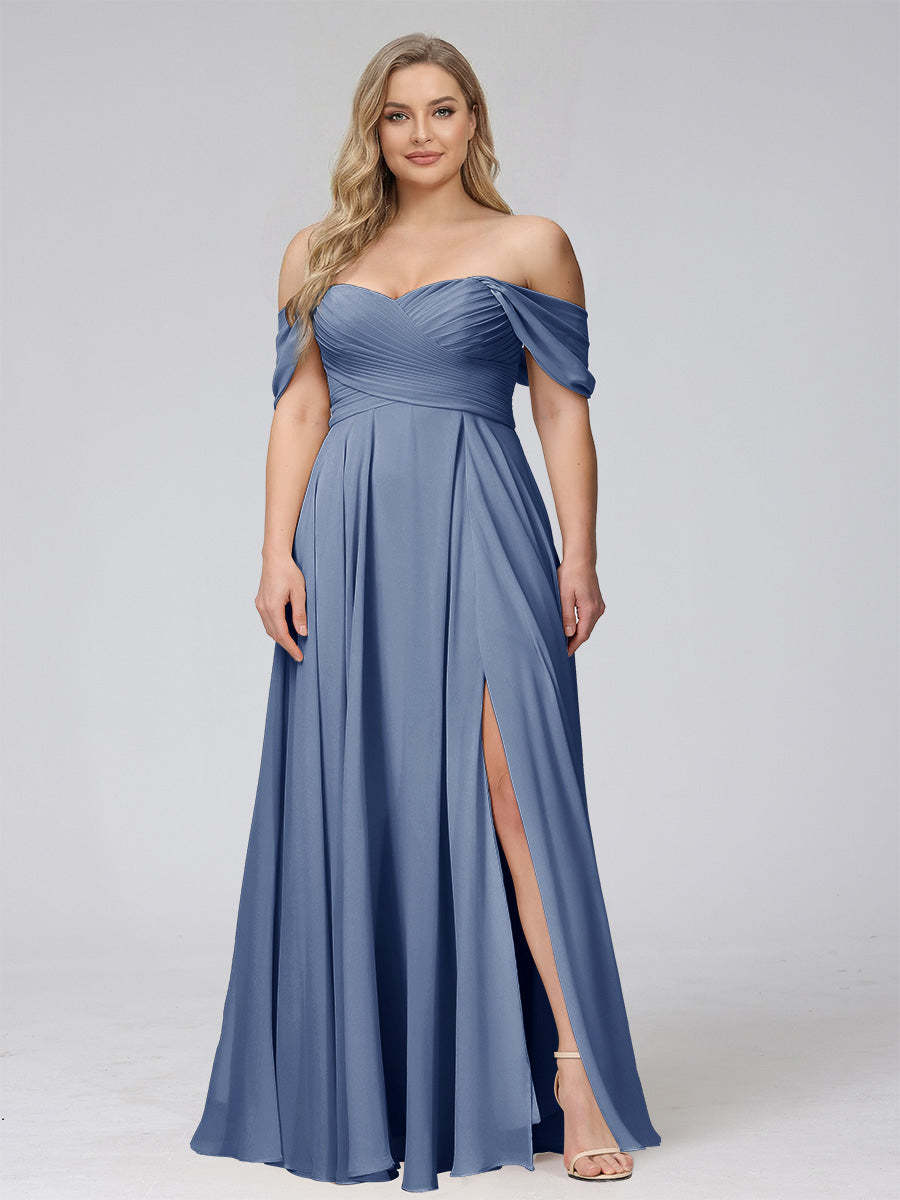 A-Line Off-the-Shoulder Sleeveless Ruched Long Chiffon Plus Size Bridesmaid Dresses with Split Side