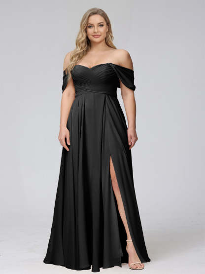 A-Line Off-the-Shoulder Sleeveless Ruched Long Chiffon Plus Size Bridesmaid Dresses with Split Side