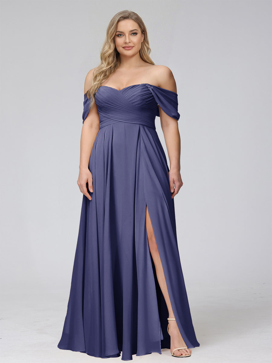 A-Line Off-the-Shoulder Sleeveless Ruched Long Chiffon Plus Size Bridesmaid Dresses with Split Side