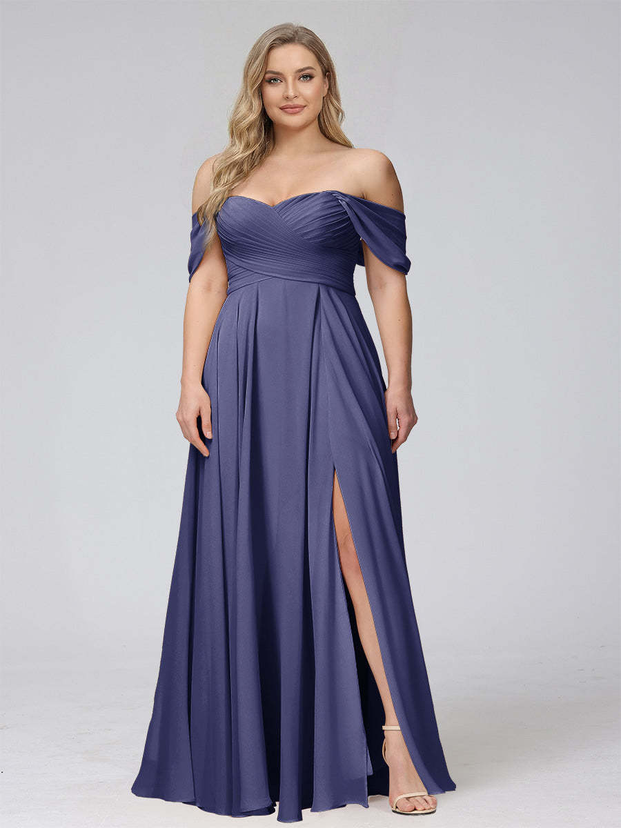 A-Line Off-the-Shoulder Sleeveless Ruched Long Chiffon Plus Size Bridesmaid Dresses with Split Side
