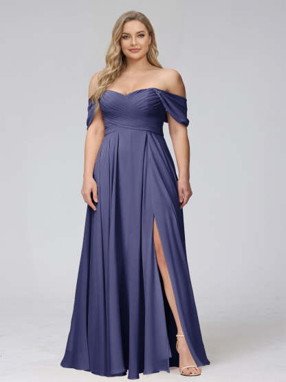 A-Line Off-the-Shoulder Sleeveless Ruched Long Chiffon Plus Size Bridesmaid Dresses with Split Side
