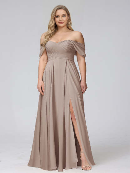 A-Line Off-the-Shoulder Sleeveless Ruched Long Chiffon Plus Size Bridesmaid Dresses with Split Side