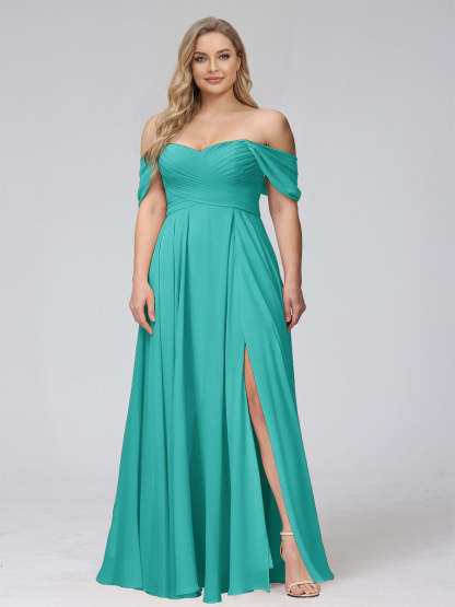 A-Line Off-the-Shoulder Sleeveless Ruched Long Chiffon Plus Size Bridesmaid Dresses with Split Side