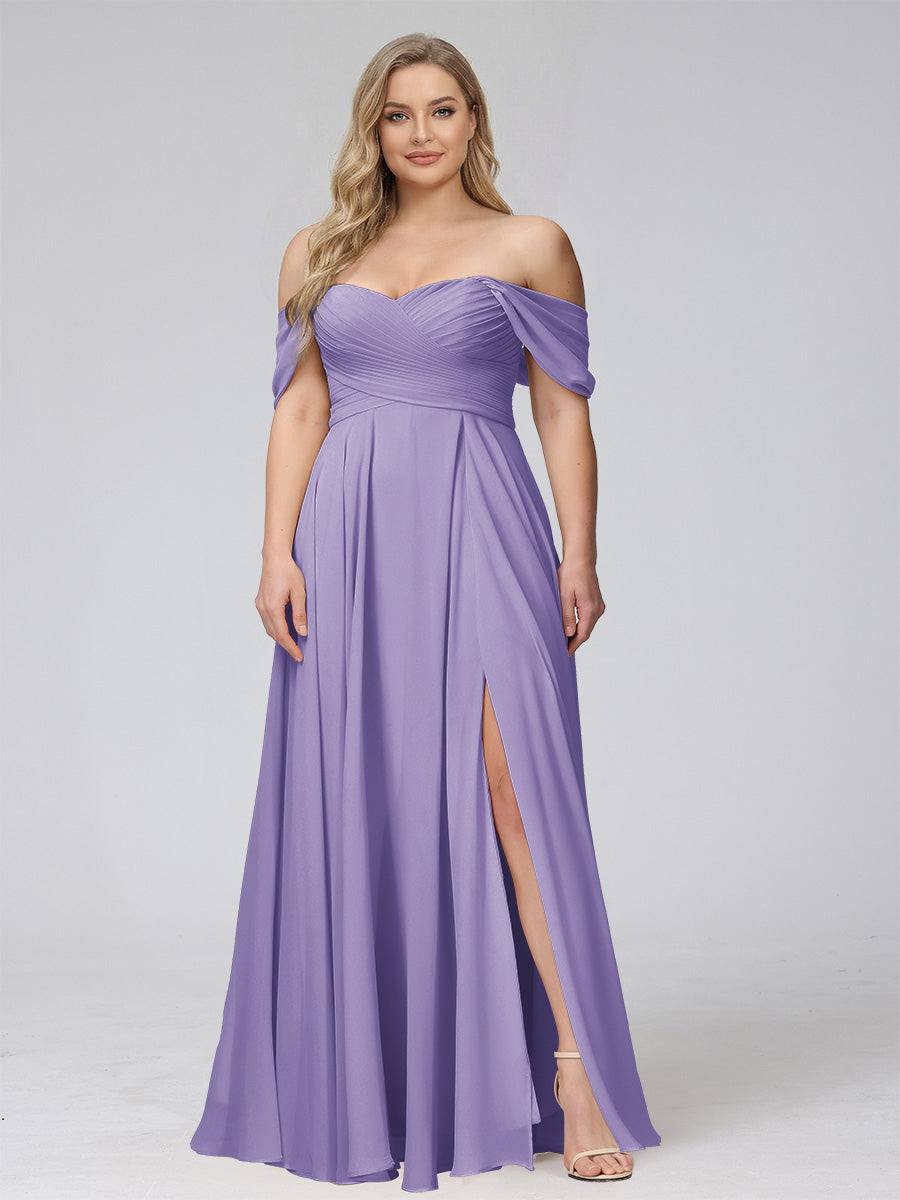 A-Line Off-the-Shoulder Sleeveless Ruched Long Chiffon Plus Size Bridesmaid Dresses with Split Side