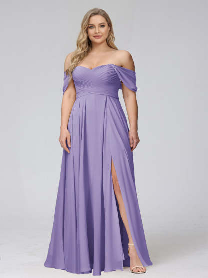 A-Line Off-the-Shoulder Sleeveless Ruched Long Chiffon Plus Size Bridesmaid Dresses with Split Side