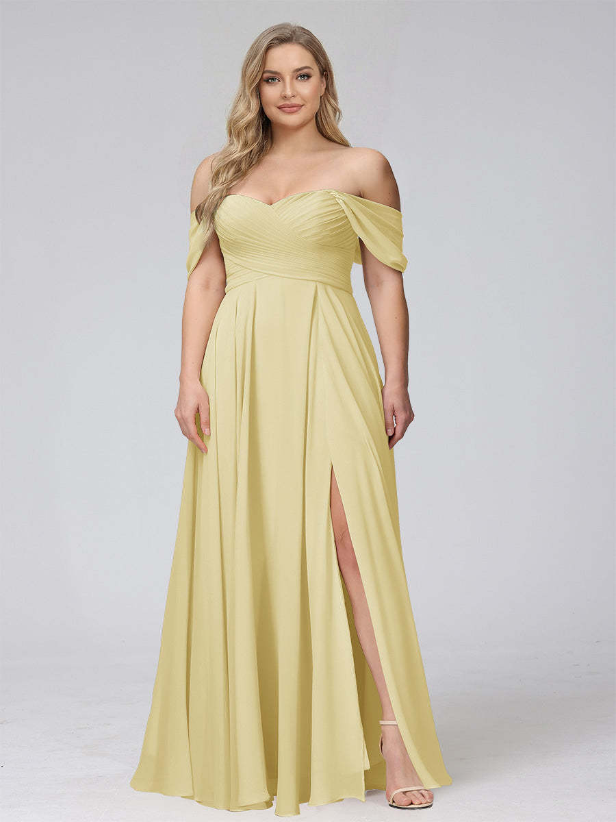 A-Line Off-the-Shoulder Sleeveless Ruched Long Chiffon Plus Size Bridesmaid Dresses with Split Side