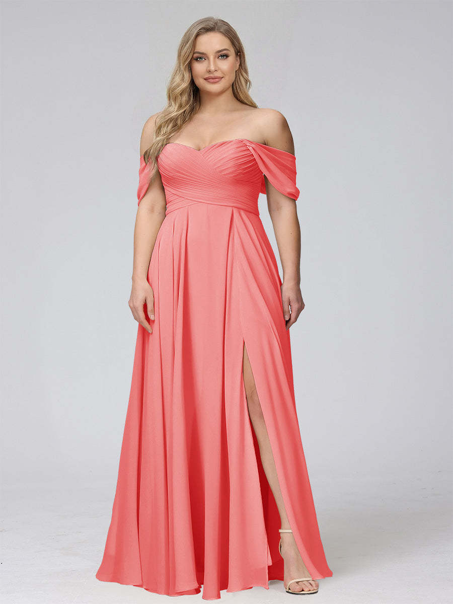 A-Line Off-the-Shoulder Sleeveless Ruched Long Chiffon Plus Size Bridesmaid Dresses with Split Side