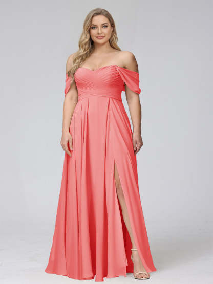 A-Line Off-the-Shoulder Sleeveless Ruched Long Chiffon Plus Size Bridesmaid Dresses with Split Side