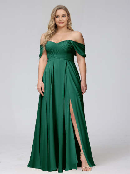 A-Line Off-the-Shoulder Sleeveless Ruched Long Chiffon Plus Size Bridesmaid Dresses with Split Side
