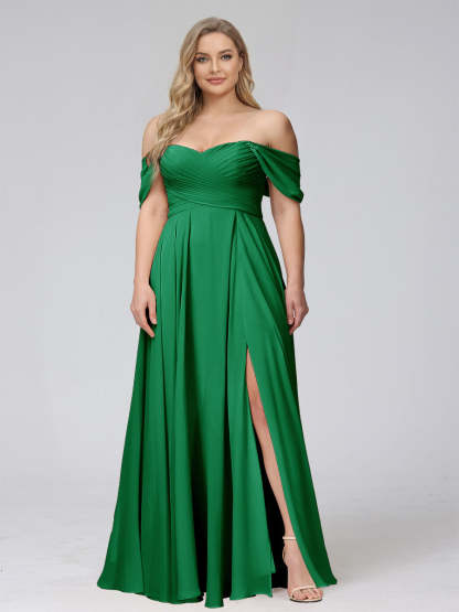 A-Line Off-the-Shoulder Sleeveless Ruched Long Chiffon Plus Size Bridesmaid Dresses with Split Side