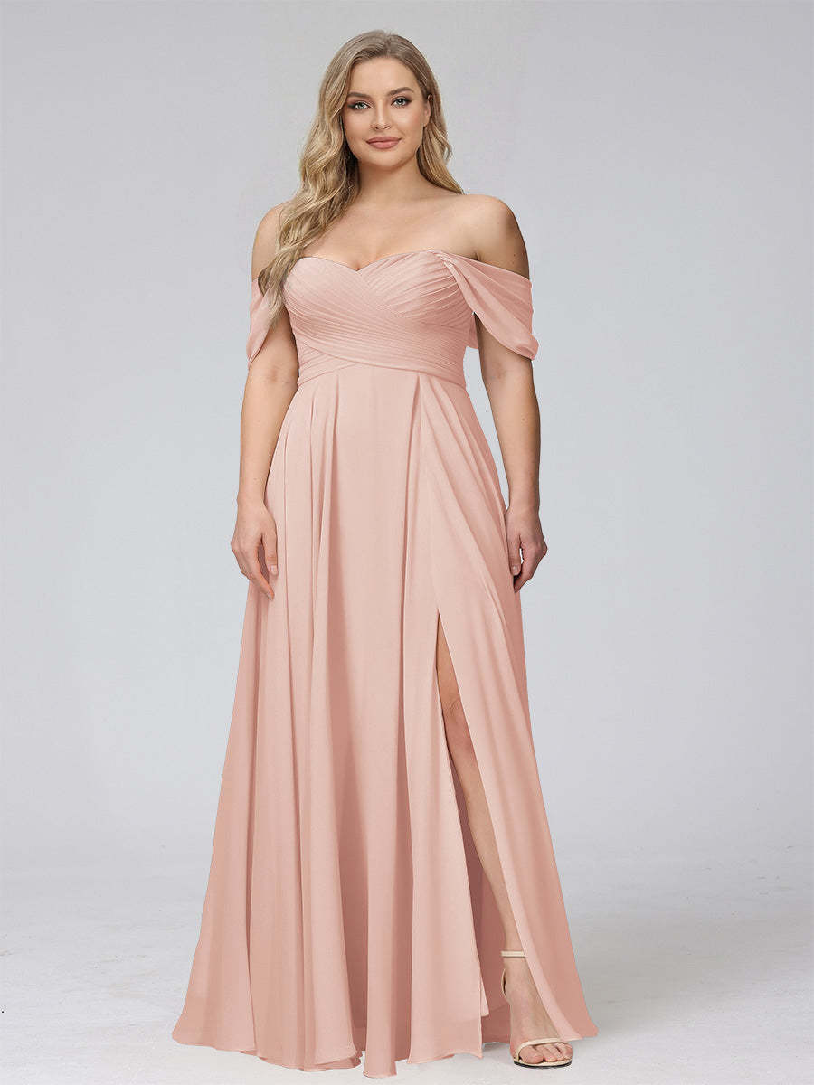 A-Line Off-the-Shoulder Sleeveless Ruched Long Chiffon Plus Size Bridesmaid Dresses with Split Side