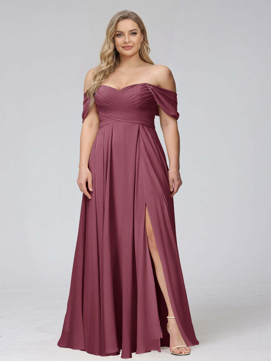 A-Line Off-the-Shoulder Sleeveless Ruched Long Chiffon Plus Size Bridesmaid Dresses with Split Side
