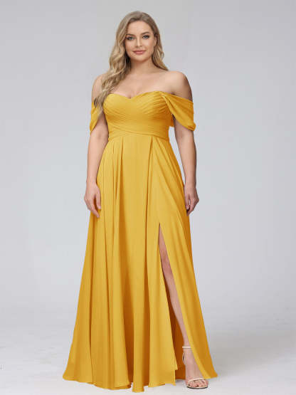 A-Line Off-the-Shoulder Sleeveless Ruched Long Chiffon Plus Size Bridesmaid Dresses with Split Side