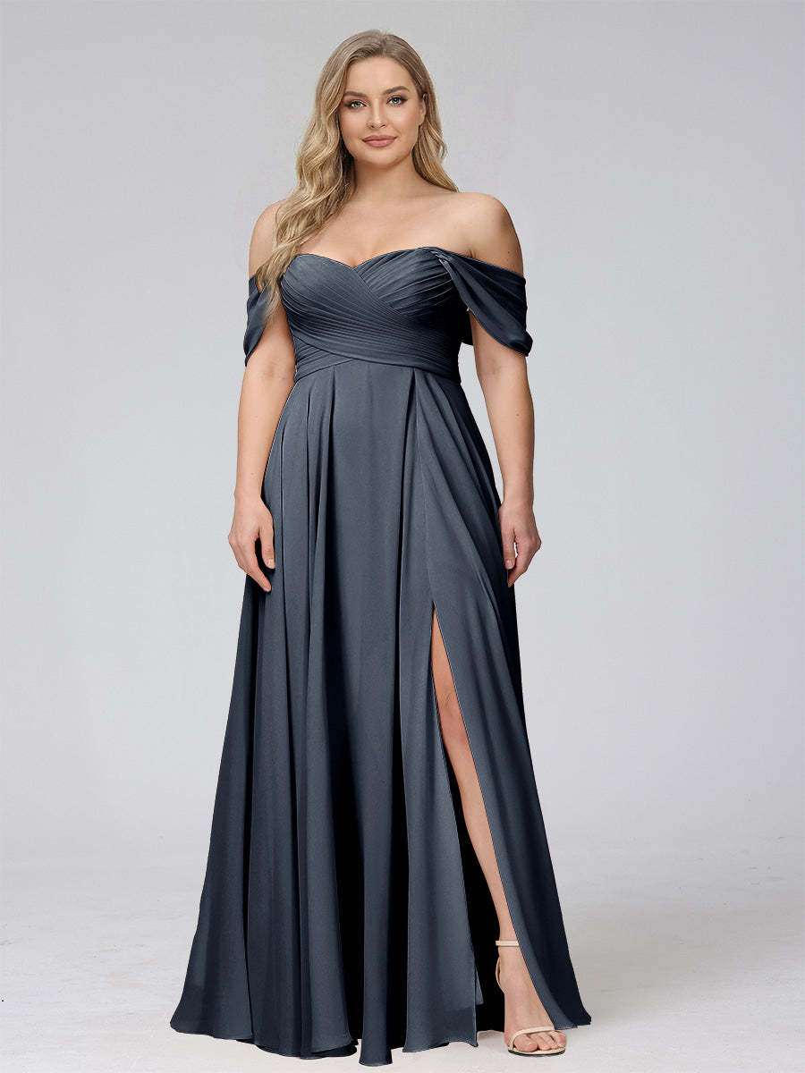 A-Line Off-the-Shoulder Sleeveless Ruched Long Chiffon Plus Size Bridesmaid Dresses with Split Side