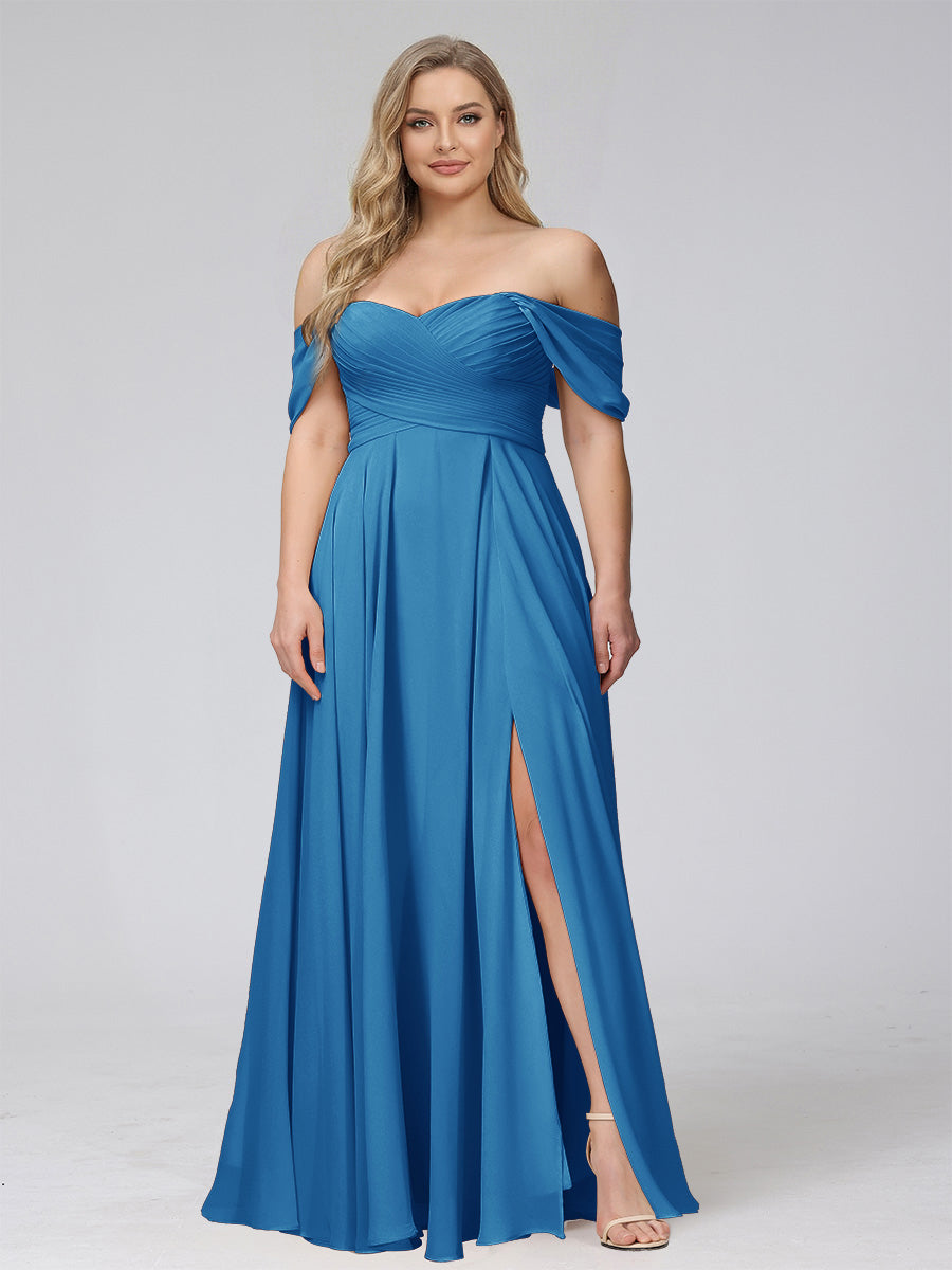 A-Line Off-the-Shoulder Sleeveless Ruched Long Chiffon Plus Size Bridesmaid Dresses with Split Side
