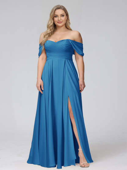 A-Line Off-the-Shoulder Sleeveless Ruched Long Chiffon Plus Size Bridesmaid Dresses with Split Side