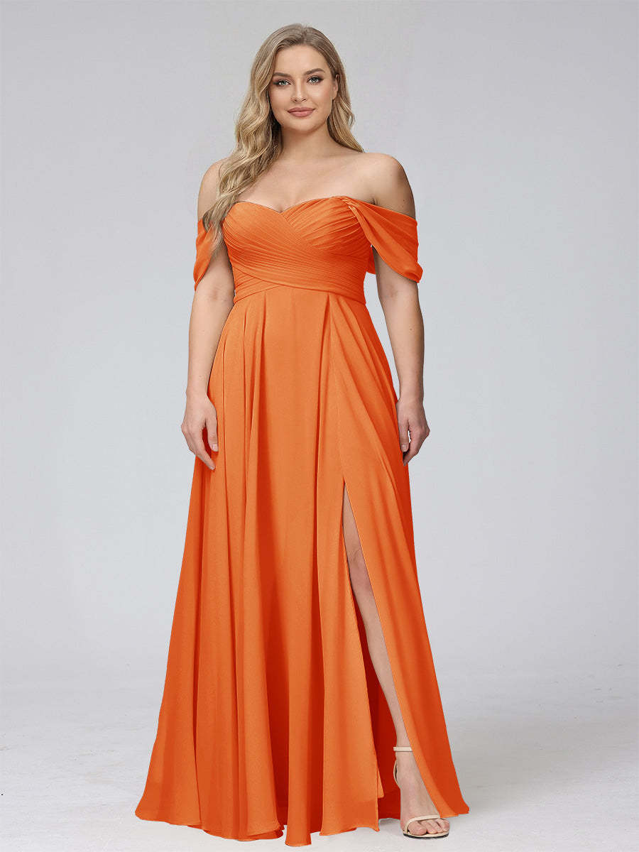 A-Line Off-the-Shoulder Sleeveless Ruched Long Chiffon Plus Size Bridesmaid Dresses with Split Side