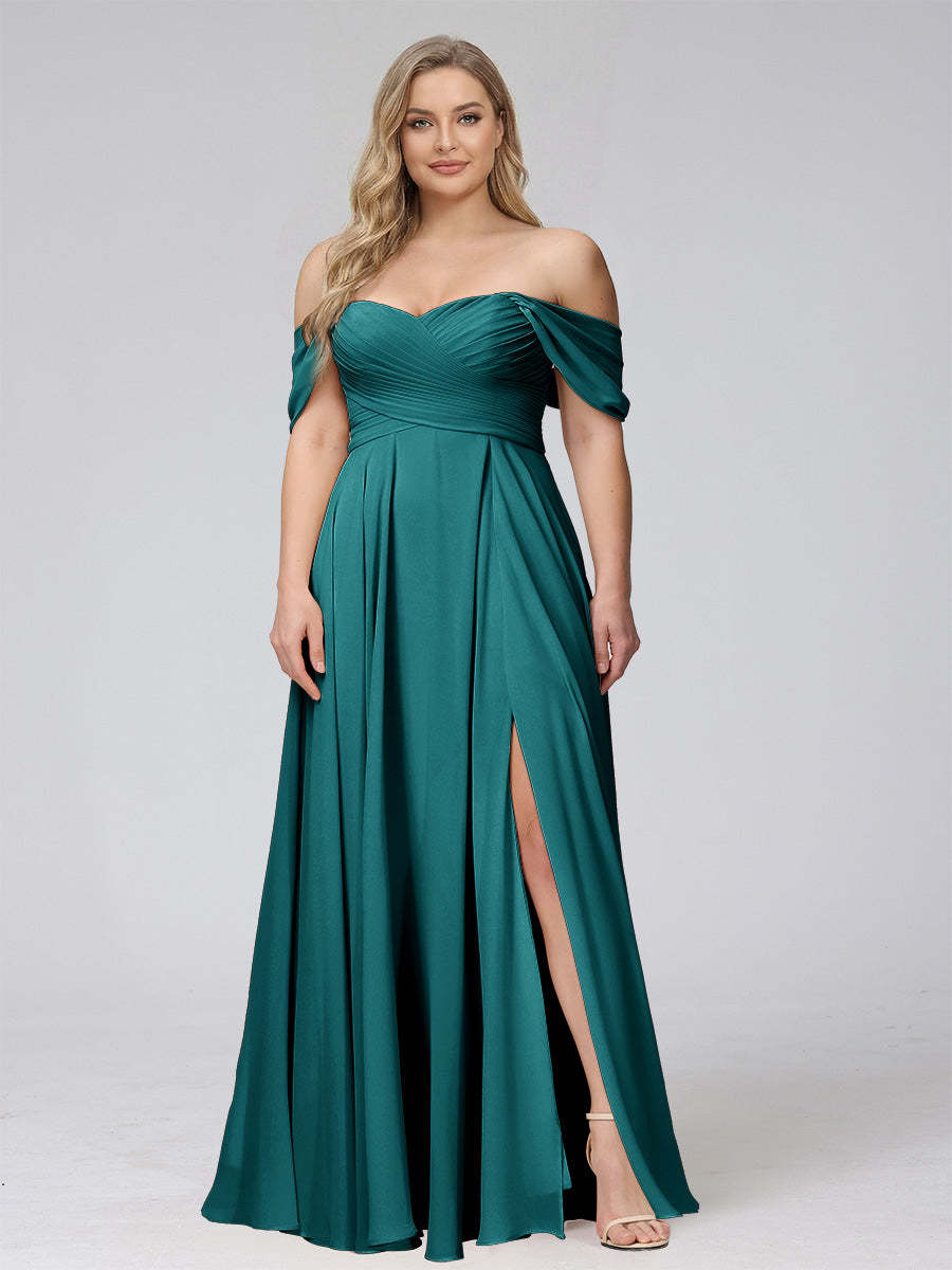 A-Line Off-the-Shoulder Sleeveless Ruched Long Chiffon Plus Size Bridesmaid Dresses with Split Side